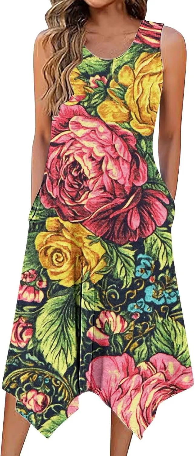 2025 Boho Sundress for Women 2025 Loose Beach Vacation Midi Dress Sleeveless Cute Flowy Tank Sundresses with Pockets