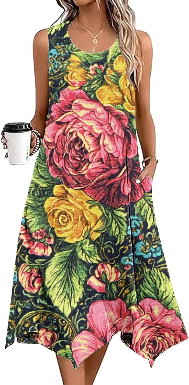 2025 Boho Sundress for Women 2025 Loose Beach Vacation Midi Dress Sleeveless Cute Flowy Tank Sundresses with Pockets
