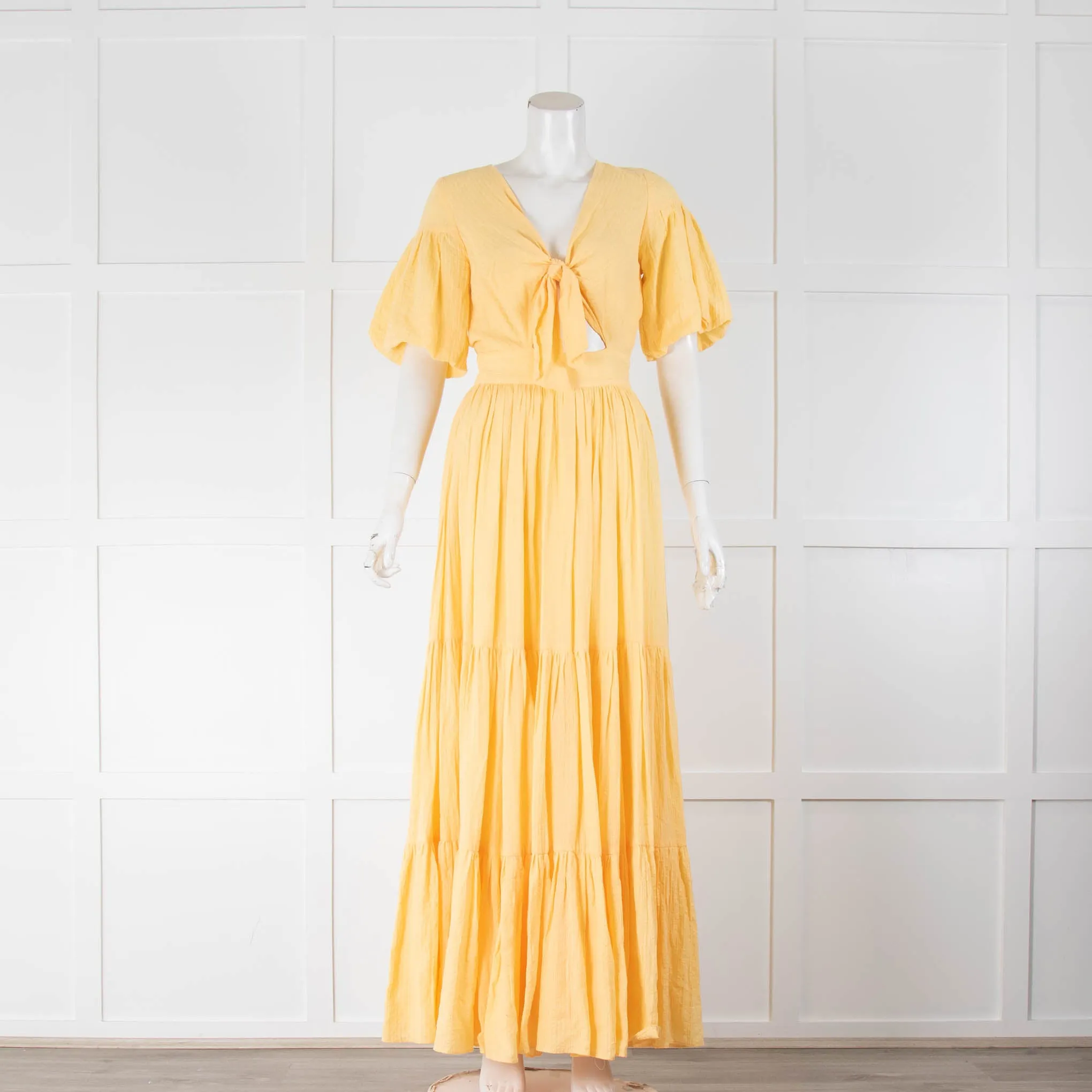 BEC   BRIDGE Yellow Tiered Tie Up Front  Summer Maxi Dress