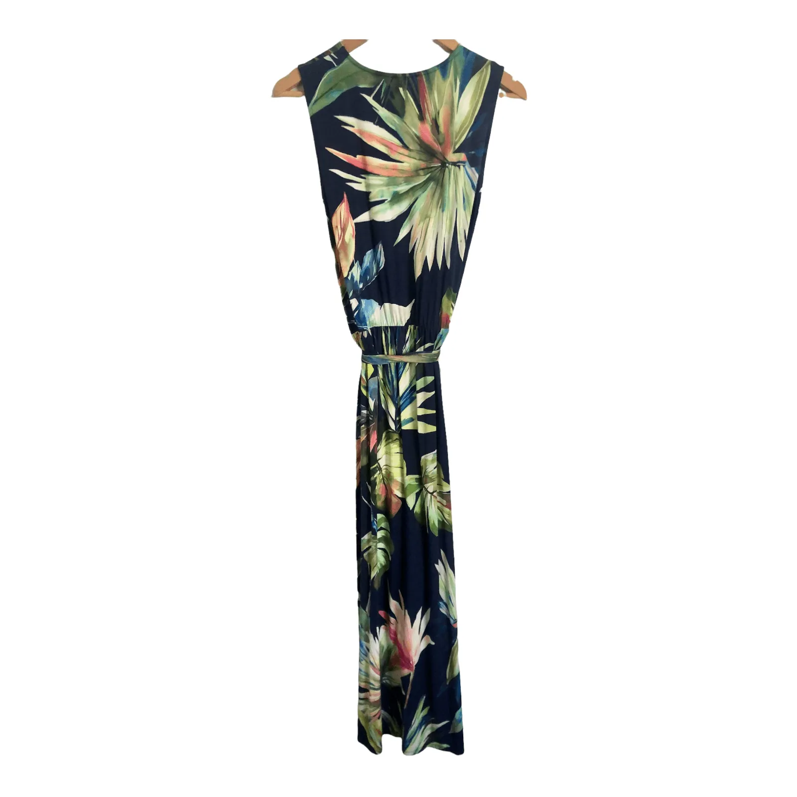 Bella di Notte Viscose Stretch Jersey Sleeveless Maxi Belted Sundress Dress Navy Blue Multi Palm Print UK Size 14 BNWT