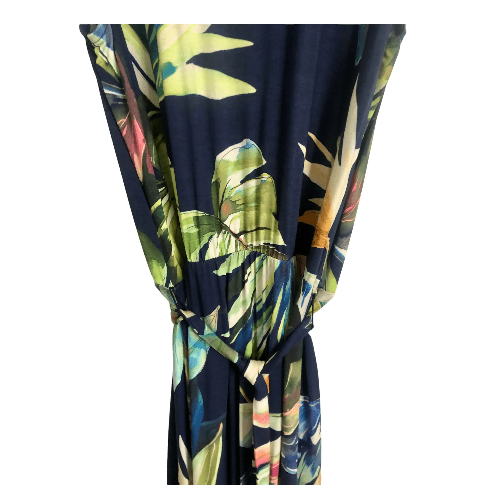Bella di Notte Viscose Stretch Jersey Sleeveless Maxi Belted Sundress Dress Navy Blue Multi Palm Print UK Size 14 BNWT