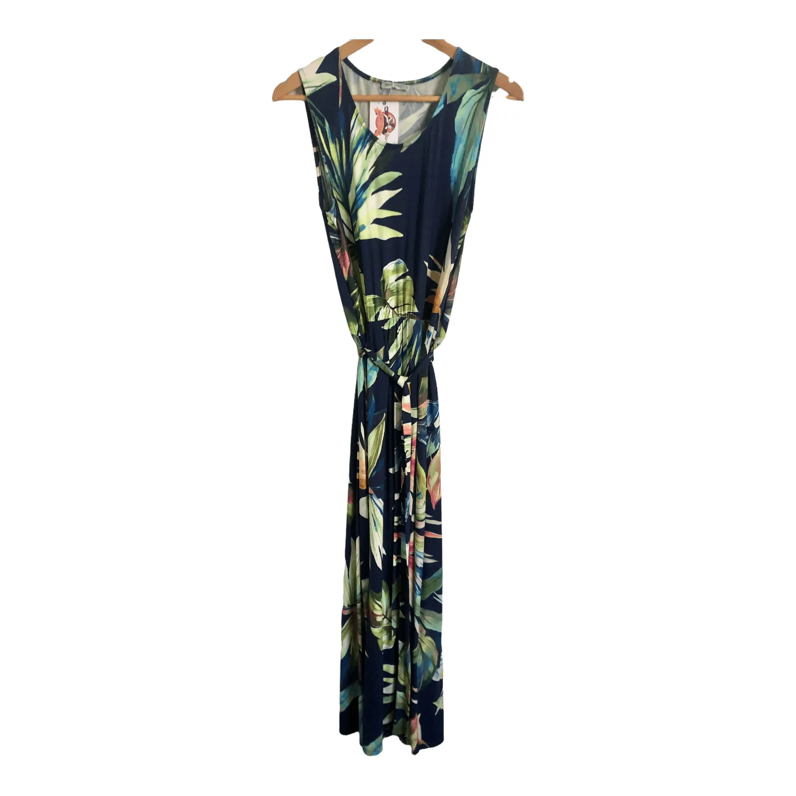 Bella di Notte Viscose Stretch Jersey Sleeveless Maxi Belted Sundress Dress Navy Blue Multi Palm Print UK Size 14 BNWT