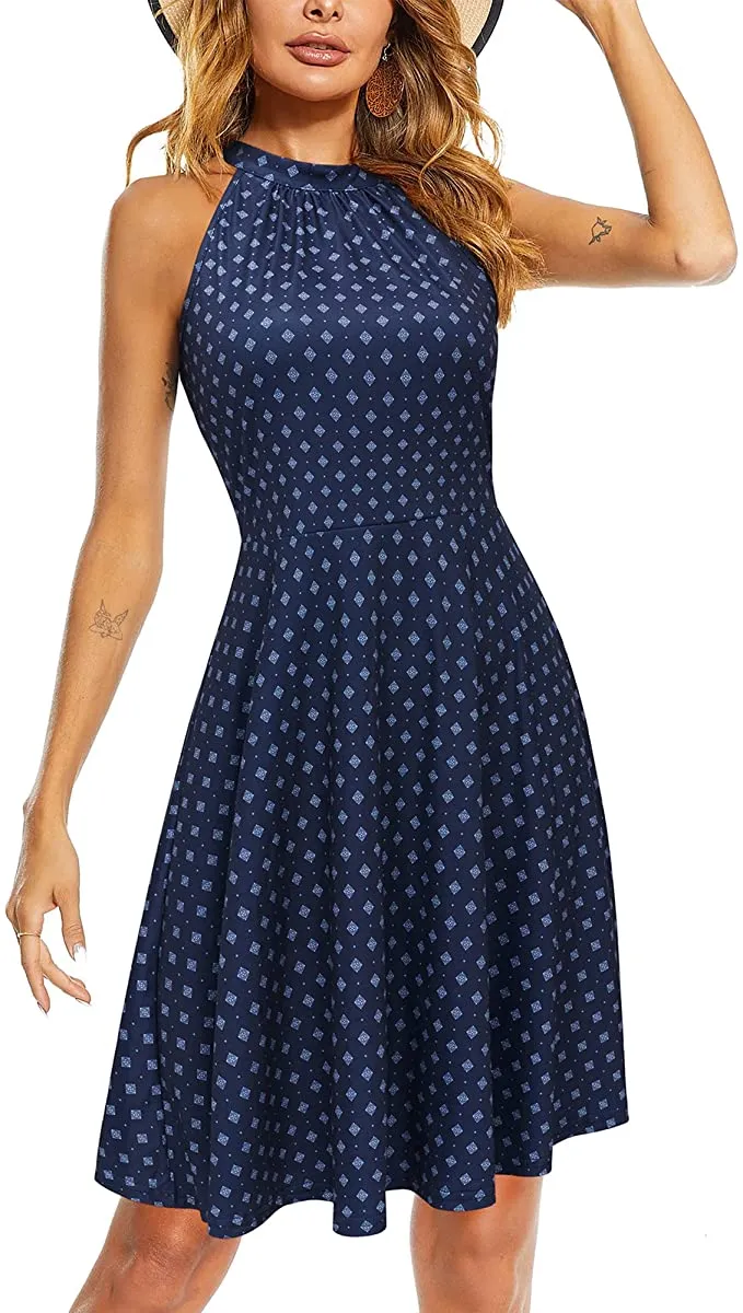 Black Floral-11 Women's Halter Neck Floral Summer Casual Sundress - OUGES
