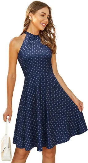 Black Floral-11 Women's Halter Neck Floral Summer Casual Sundress - OUGES