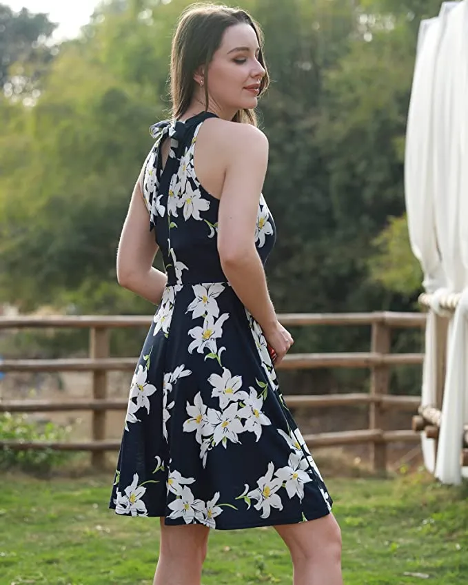 Black Floral-11 Women's Halter Neck Floral Summer Casual Sundress - OUGES