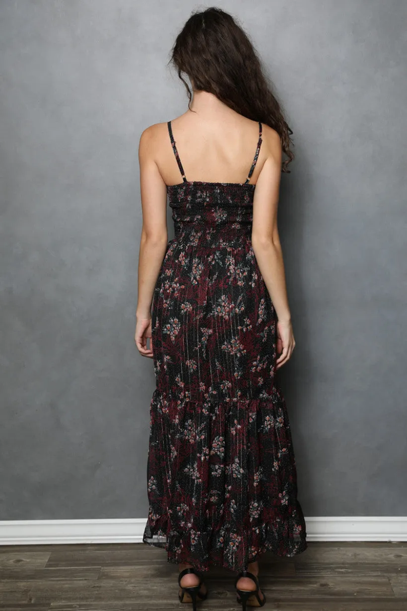 Black Floral Twist Front Maxi Dress w/ Red & Gold Accents