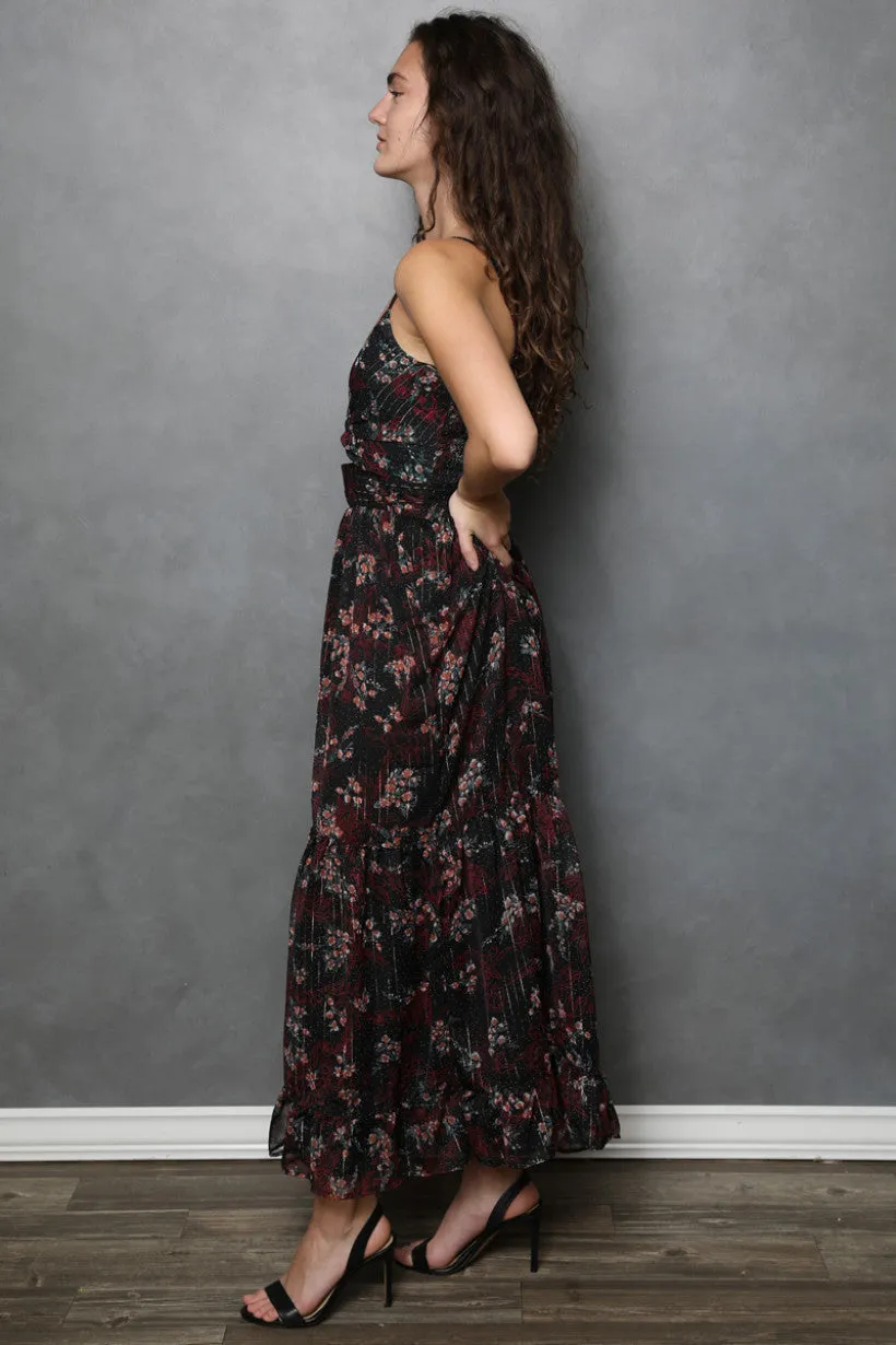 Black Floral Twist Front Maxi Dress w/ Red & Gold Accents