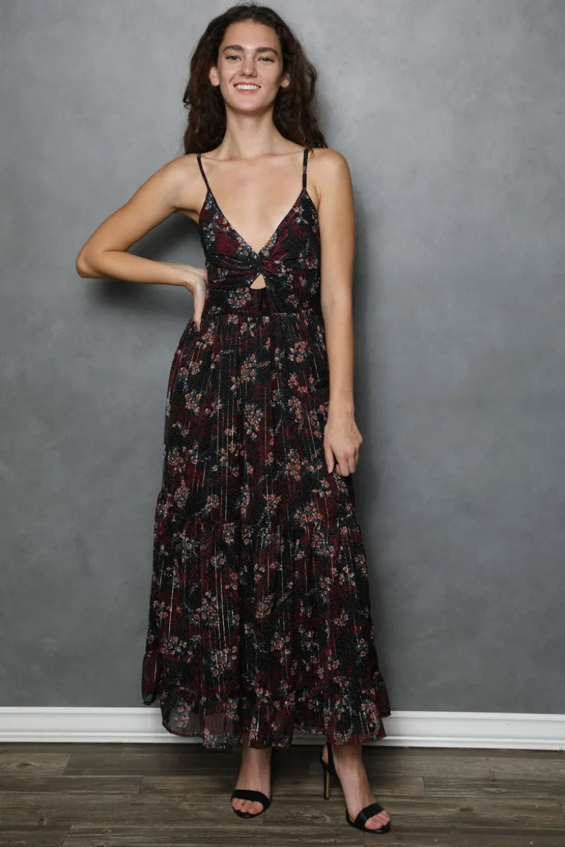 Black Floral Twist Front Maxi Dress w/ Red & Gold Accents