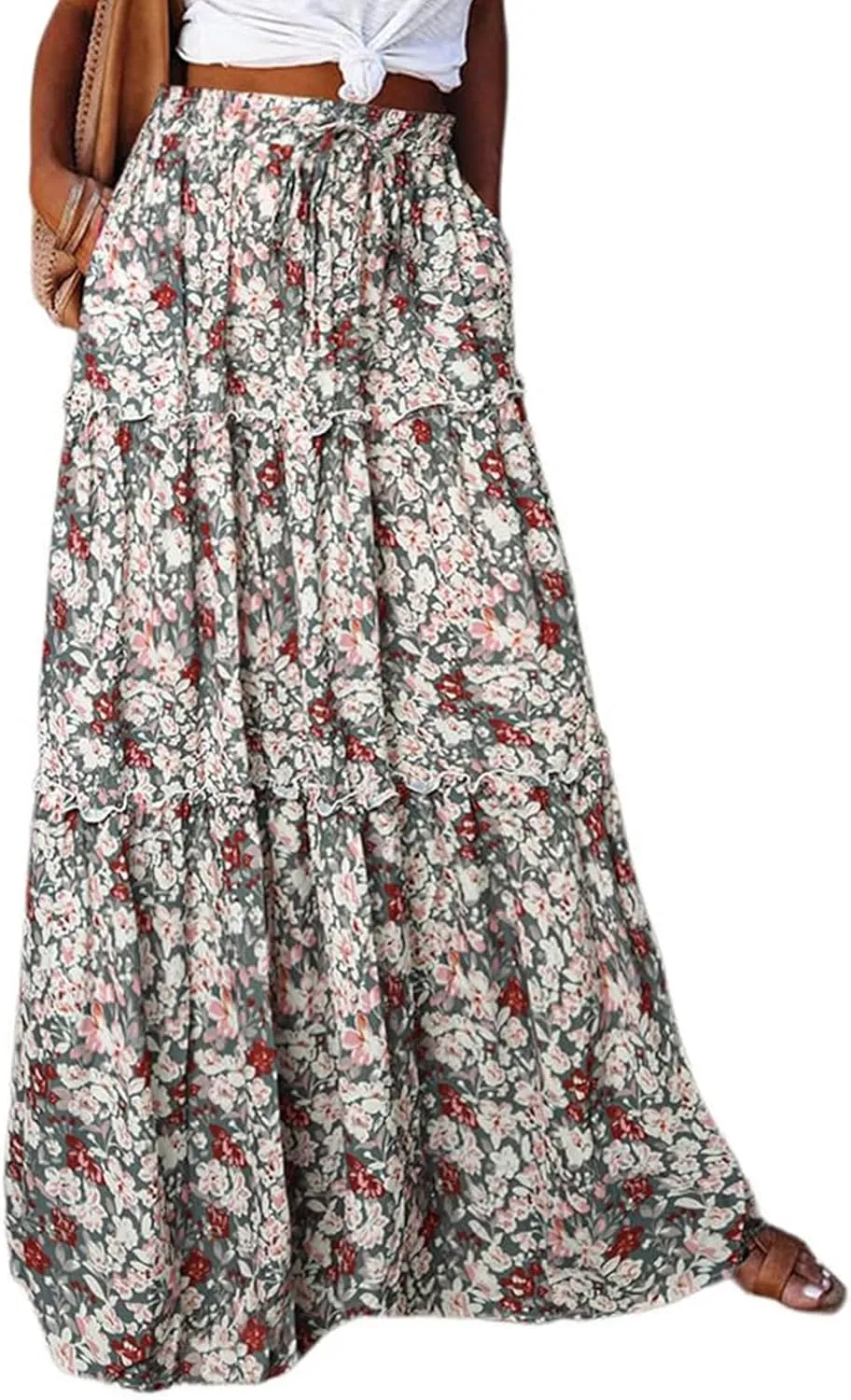 Boho Skirts for Women 2025 Summer Flowy High Waist A Line Pleated Maxi Skirts Elegant Floral Beach Outfits