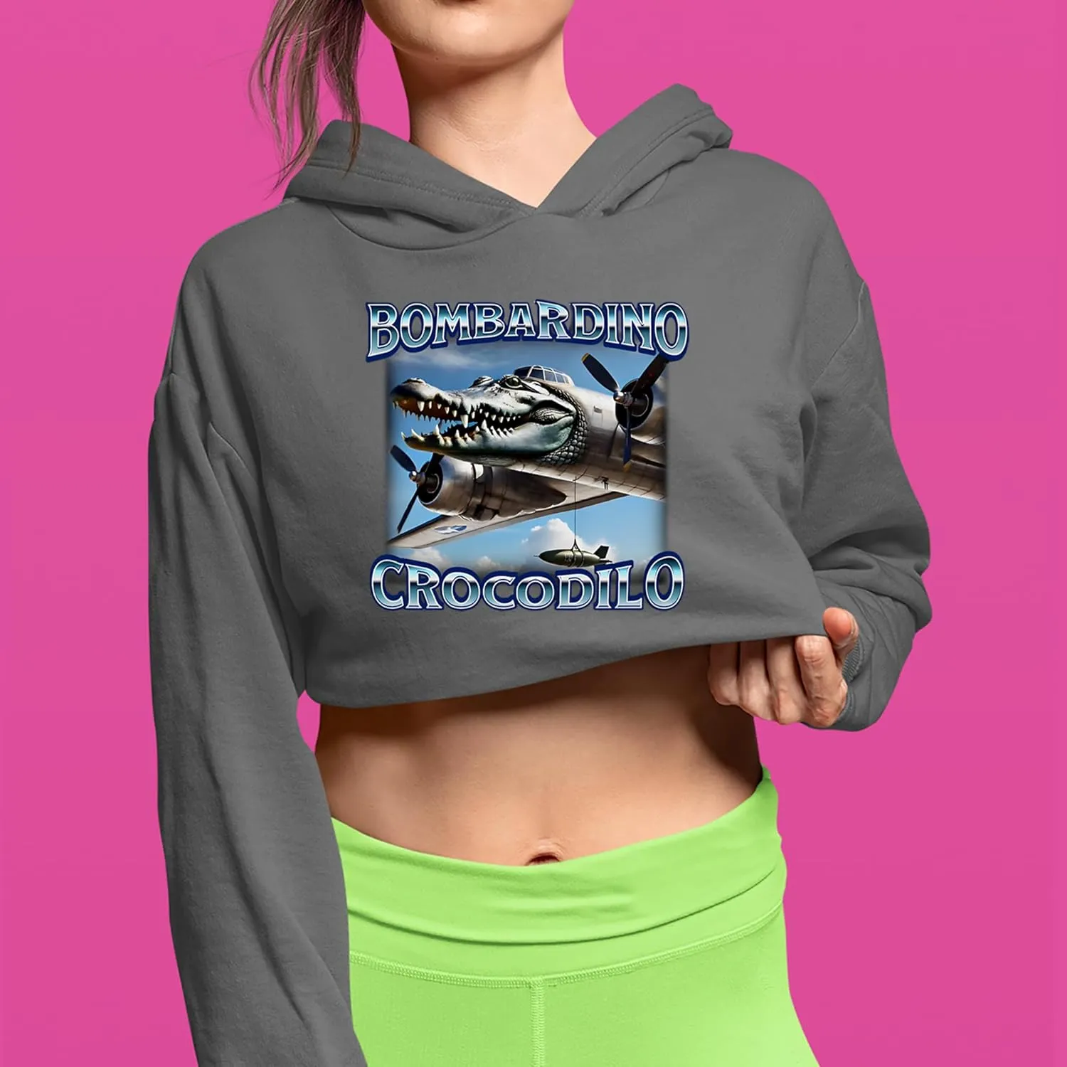 Bombardino Crocodilo Brainrot Cropped Fleece Hoodie, Soft & Cozy, Trendy Fit