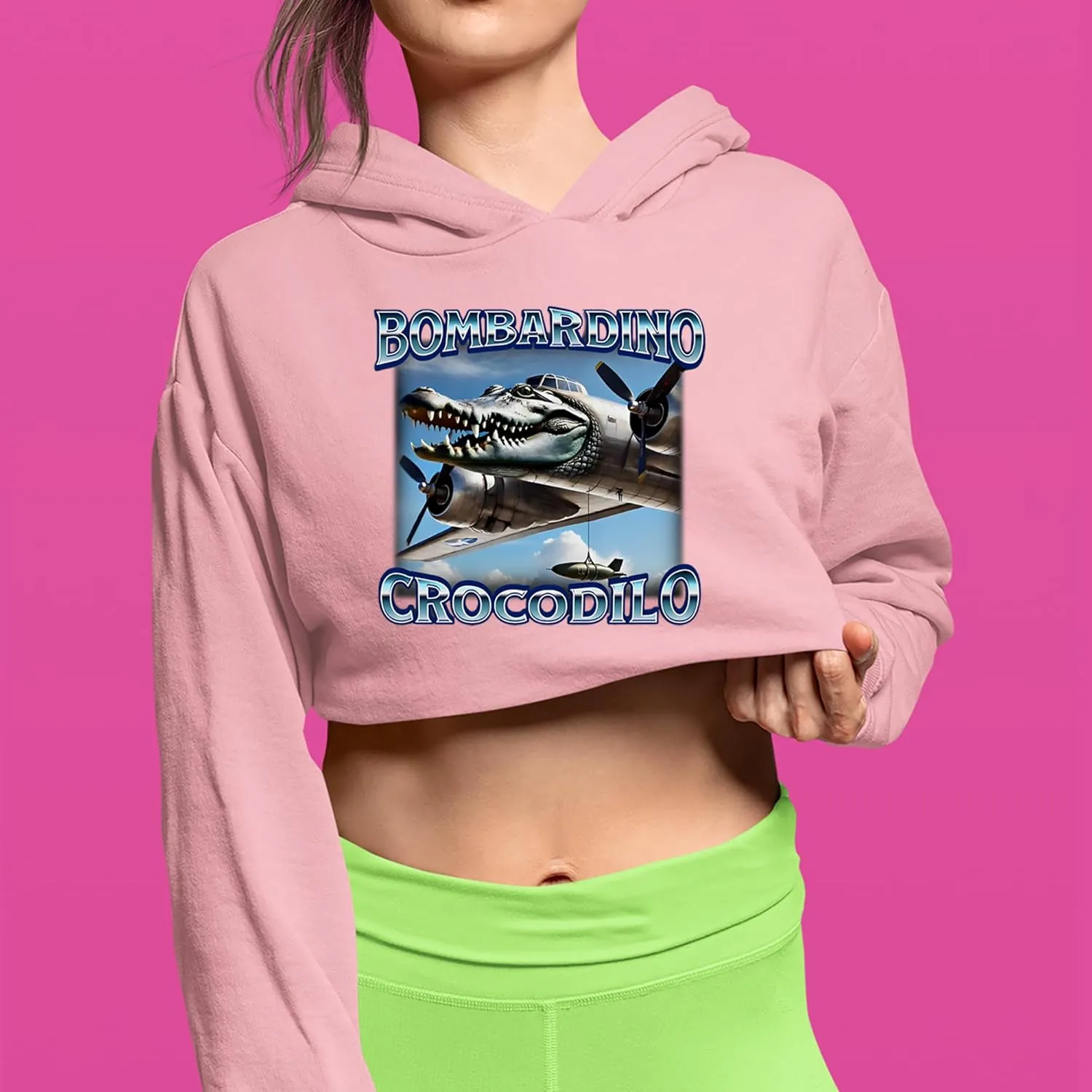 Bombardino Crocodilo Brainrot Cropped Fleece Hoodie, Soft & Cozy, Trendy Fit