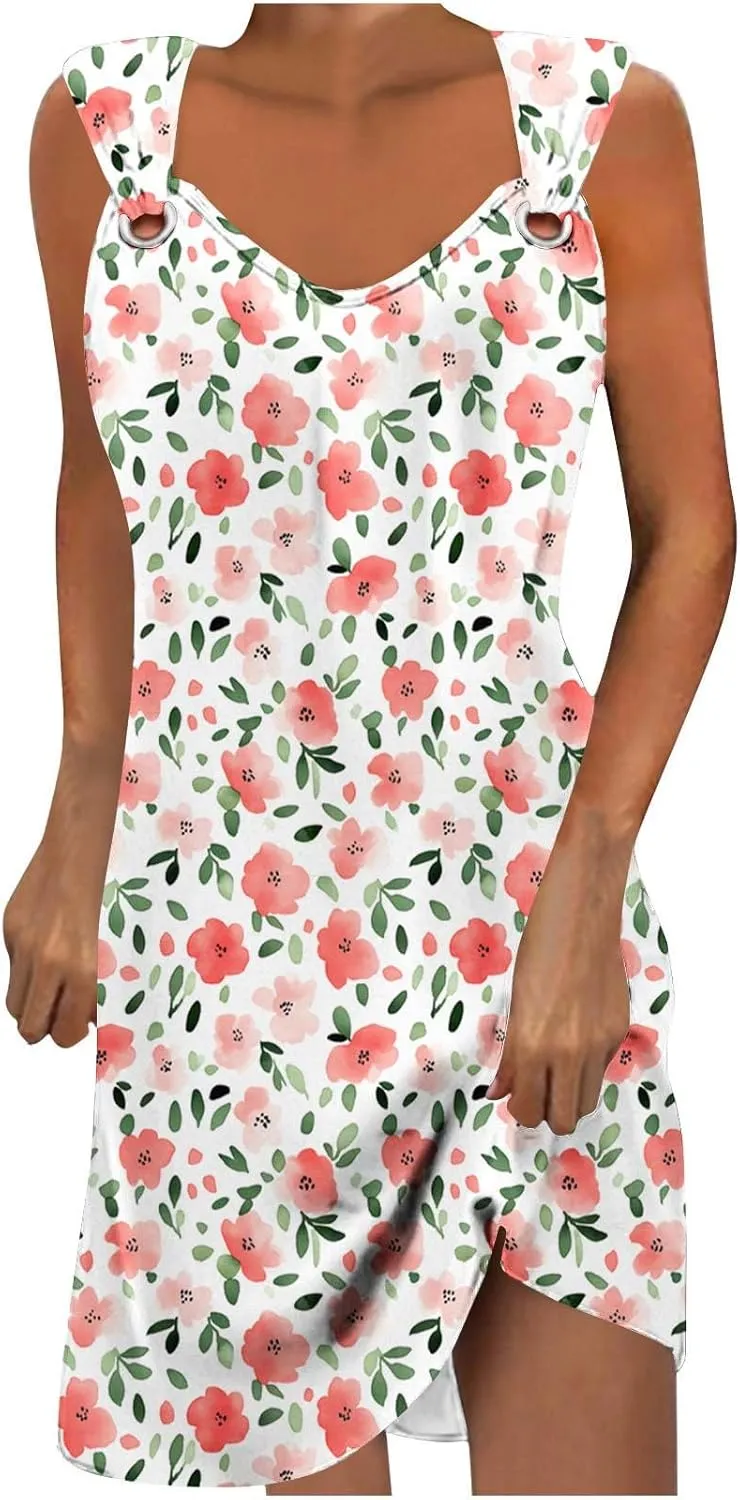 Business Causal Dresses for Women Sleeveless Floral Boho Sundresses Flowy Beach Cover Ups Trendy Tank Mini Dress