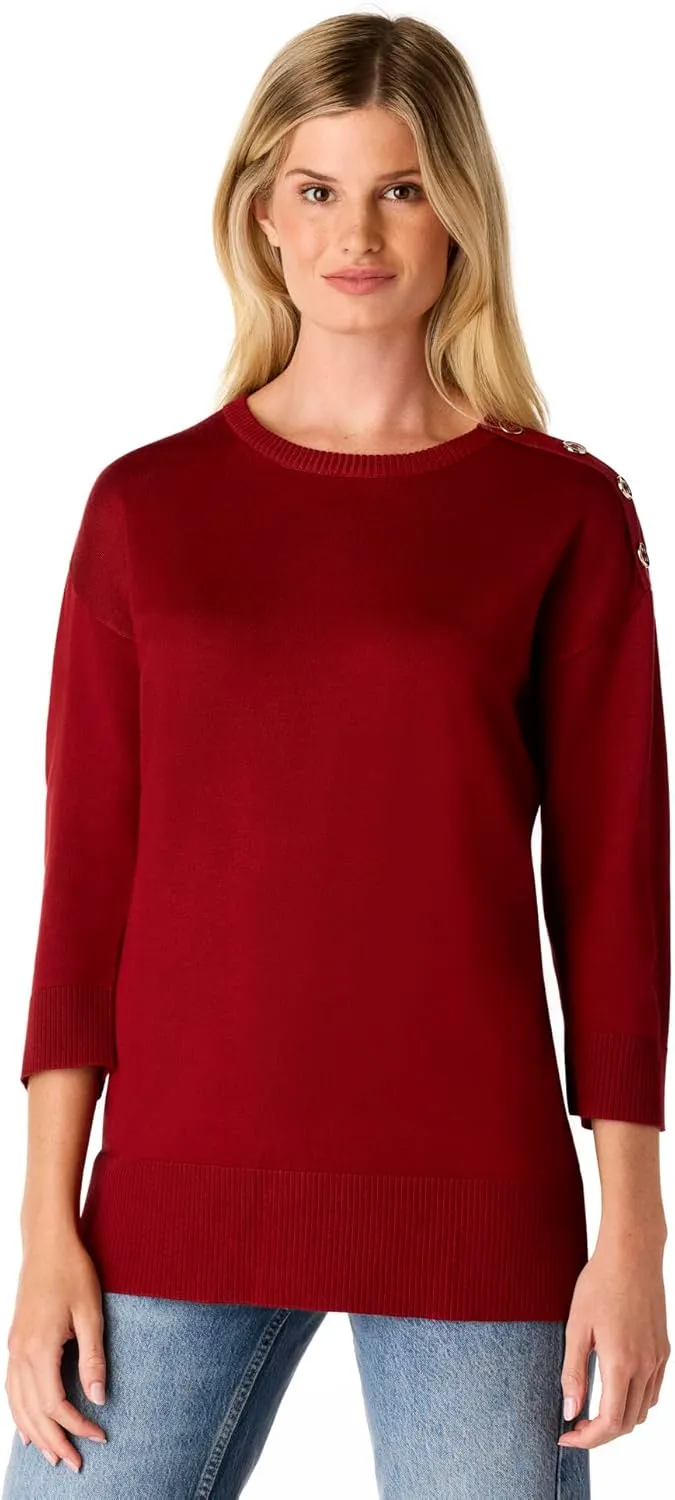 Cable & Gauge Women's Button Sleeve Round Hem Sweater - Soft Boat Neck Design, Chic & Casual, Versatile Everyday Top