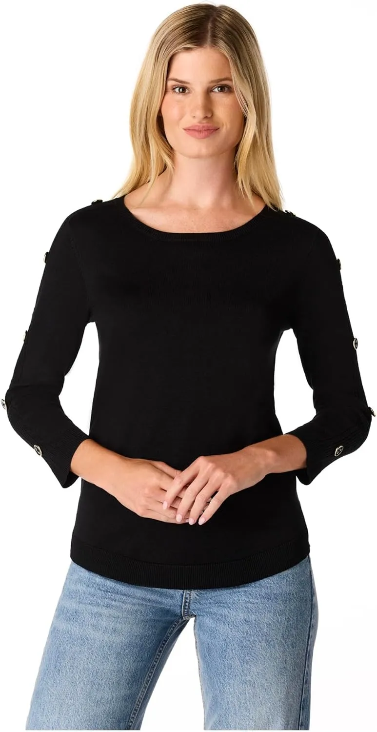 Cable & Gauge Women's Button Sleeve Round Hem Sweater - Soft Boat Neck Design, Chic & Casual, Versatile Everyday Top