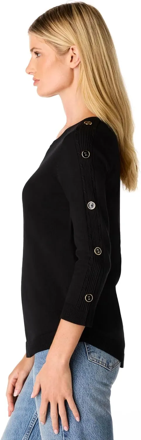 Cable & Gauge Women's Button Sleeve Round Hem Sweater - Soft Boat Neck Design, Chic & Casual, Versatile Everyday Top