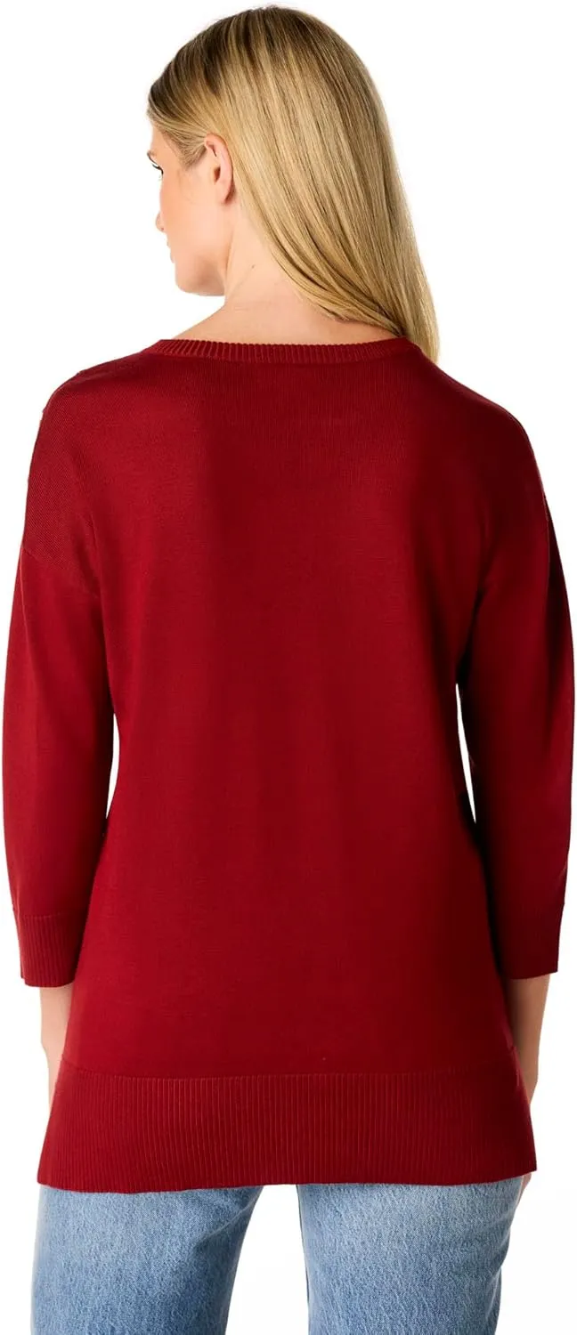 Cable & Gauge Women's Button Sleeve Round Hem Sweater - Soft Boat Neck Design, Chic & Casual, Versatile Everyday Top