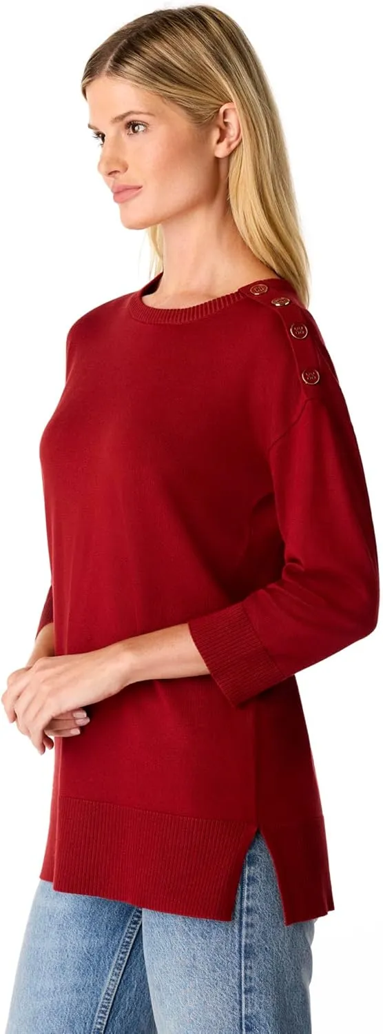 Cable & Gauge Women's Button Sleeve Round Hem Sweater - Soft Boat Neck Design, Chic & Casual, Versatile Everyday Top