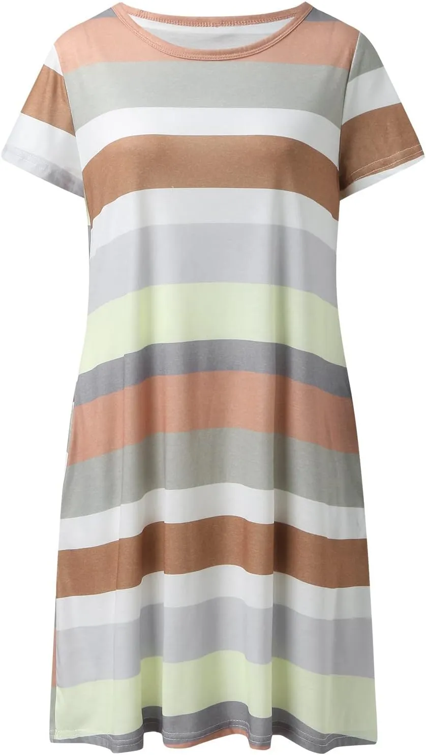 Casual Dresses for Women Short Sleeve Crew Neck T Shirt Dress with Pockets Loose Striped Color Block Summer Dresses