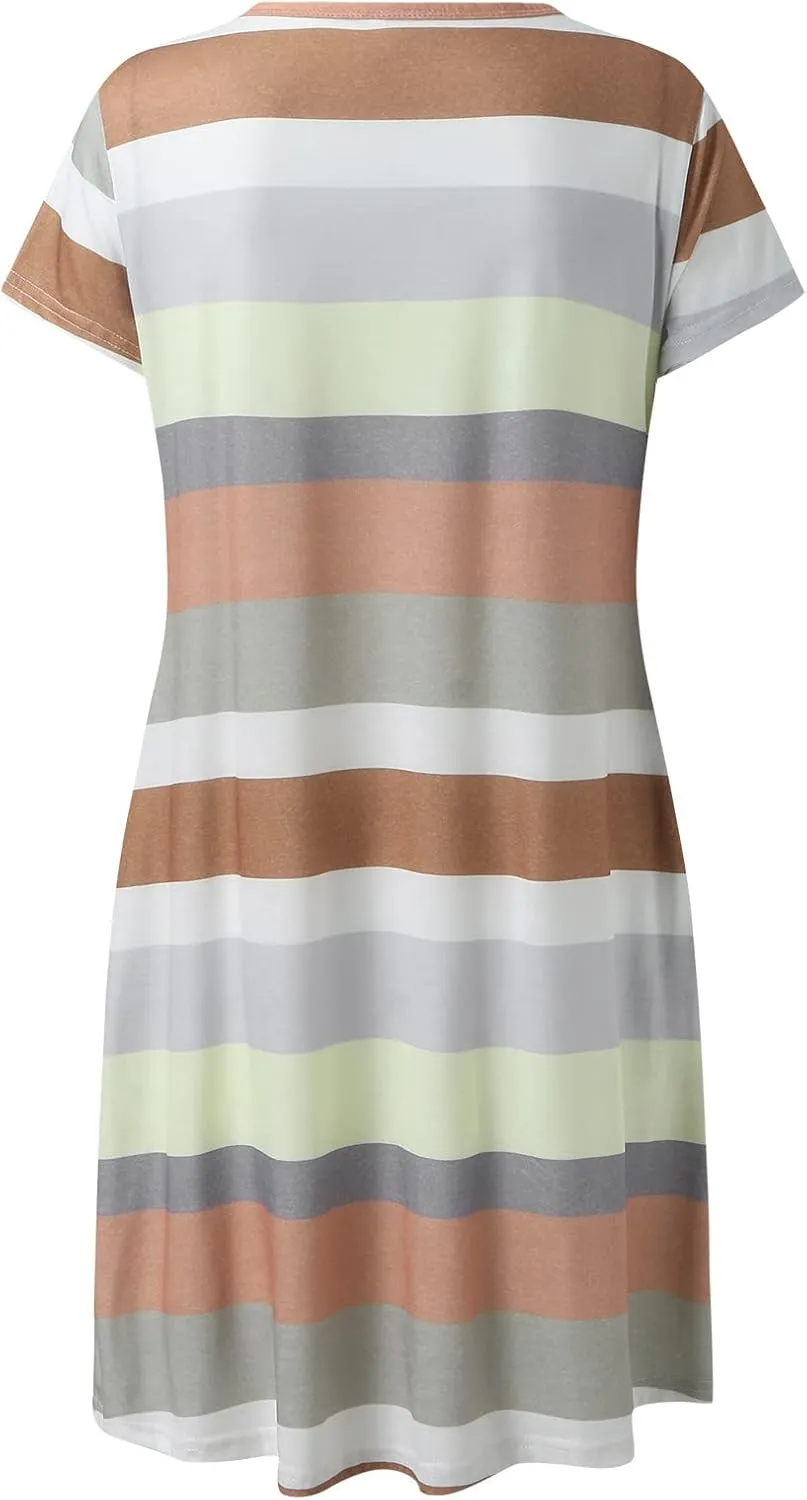 Casual Dresses for Women Short Sleeve Crew Neck T Shirt Dress with Pockets Loose Striped Color Block Summer Dresses