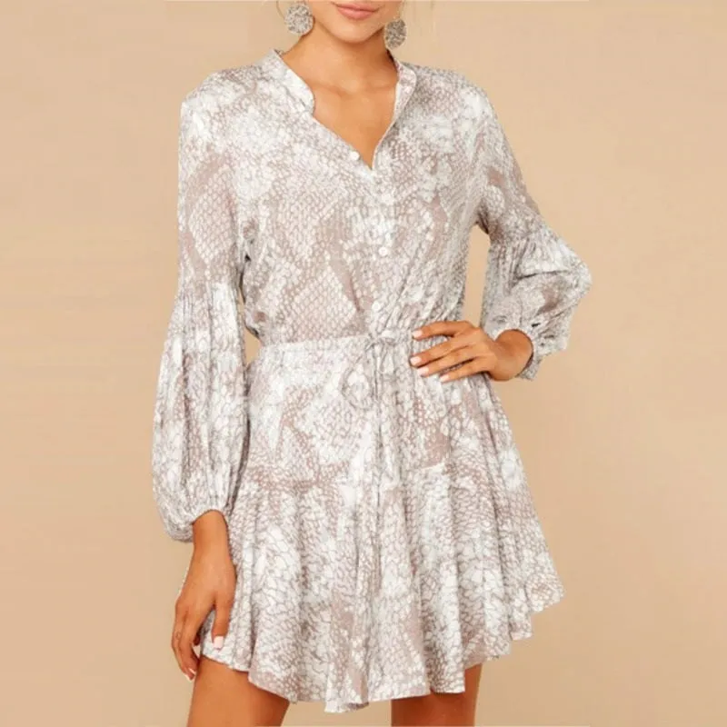 Casual Printed Office Lady Pleated Asymmetrical Short Sundress Summer Midi Dress