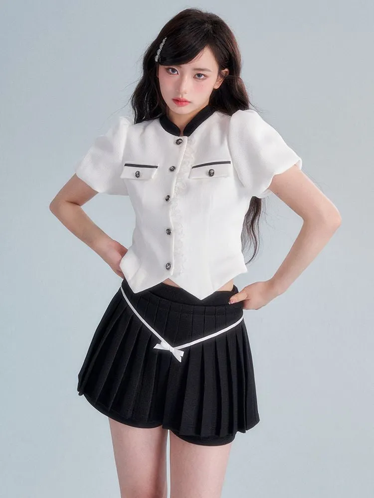Chic Puff-sleeve Monotone Sweet Blouse＆Culotte