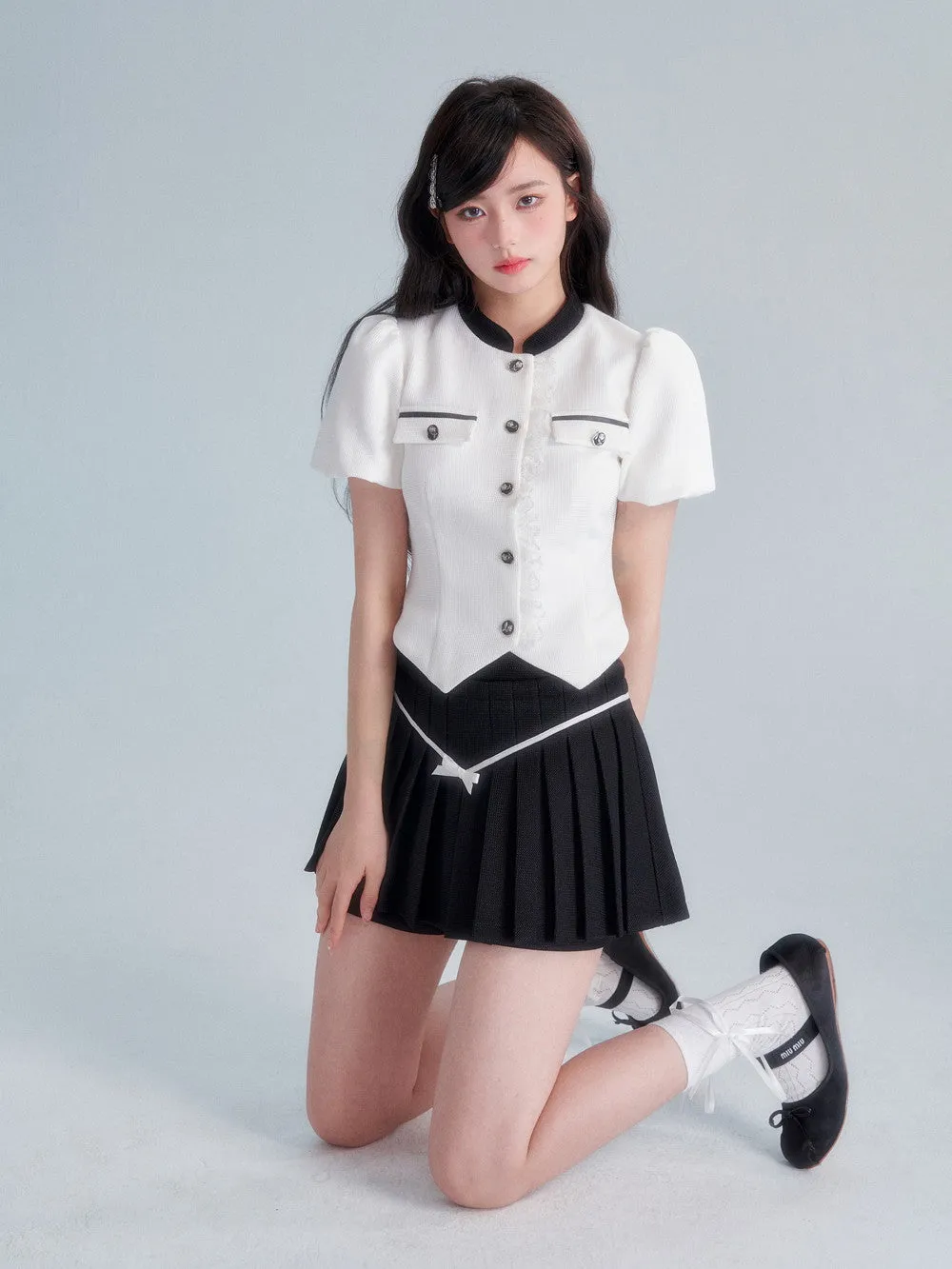 Chic Puff-sleeve Monotone Sweet Blouse＆Culotte