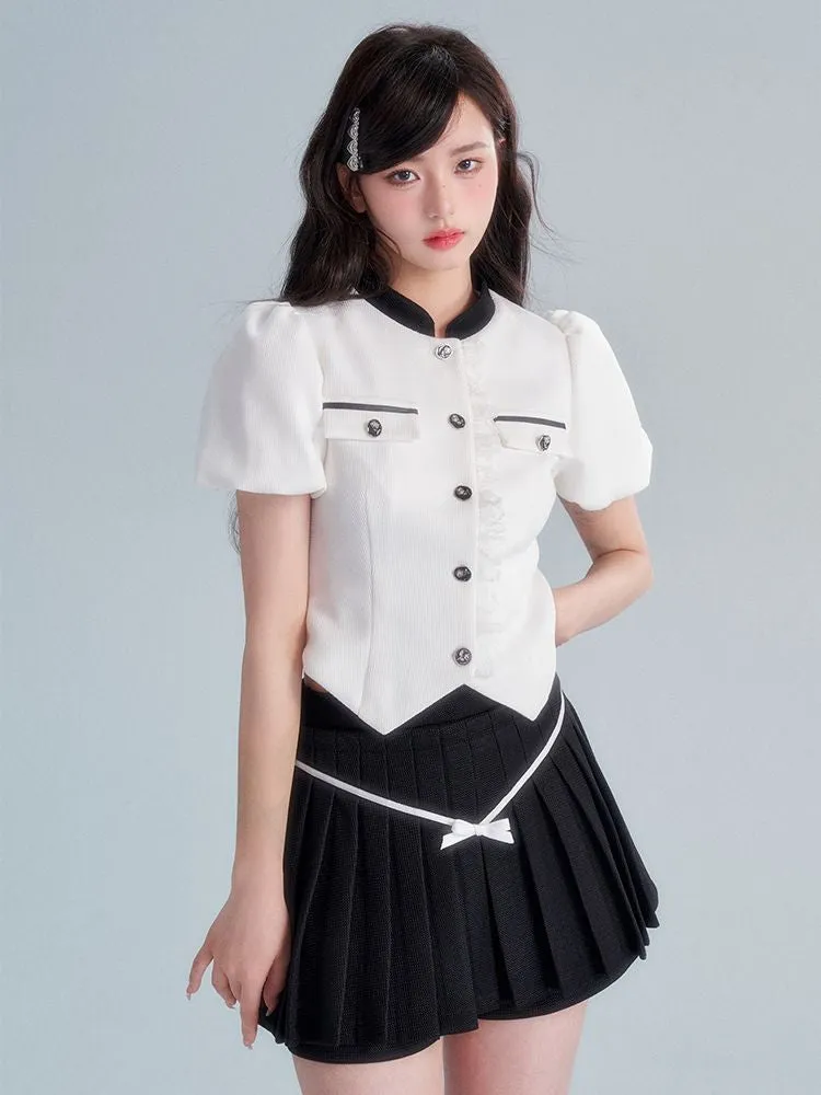 Chic Puff-sleeve Monotone Sweet Blouse＆Culotte