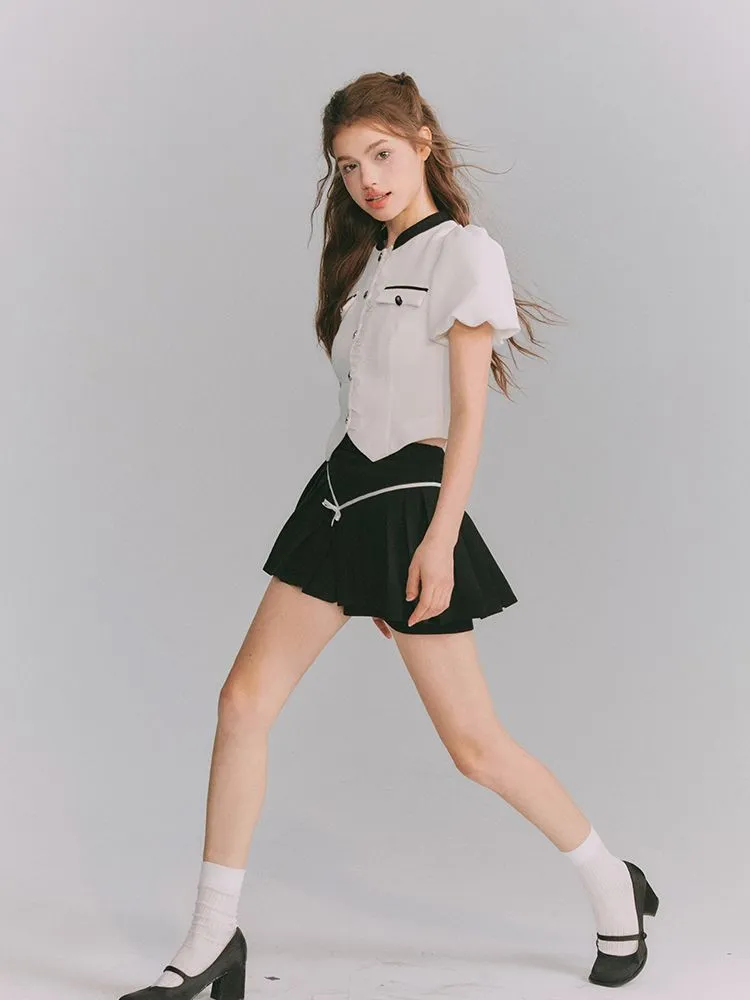 Chic Puff-sleeve Monotone Sweet Blouse＆Culotte
