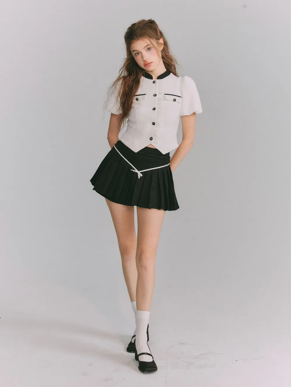 Chic Puff-sleeve Monotone Sweet Blouse＆Culotte