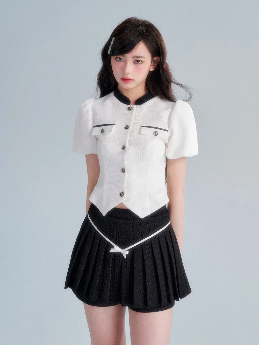 Chic Puff-sleeve Monotone Sweet Blouse＆Culotte