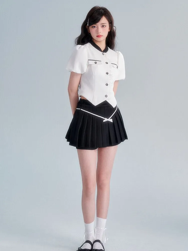 Chic Puff-sleeve Monotone Sweet Blouse＆Culotte