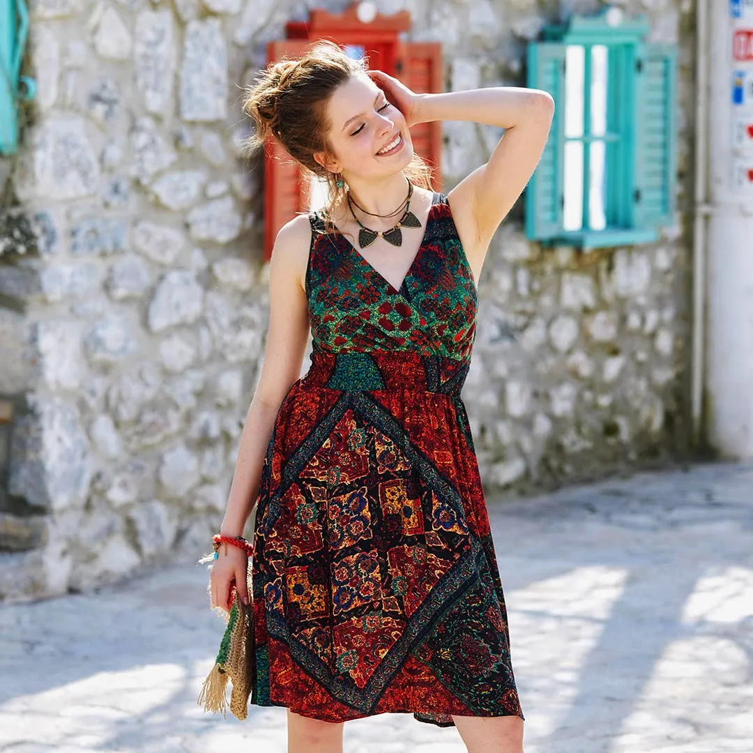 Double Breasted Neck Line Shirred Waist Bohemian Sundress