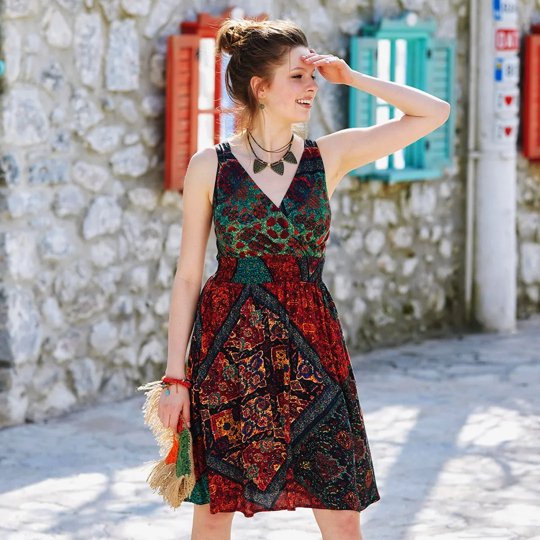 Double Breasted Neck Line Shirred Waist Bohemian Sundress