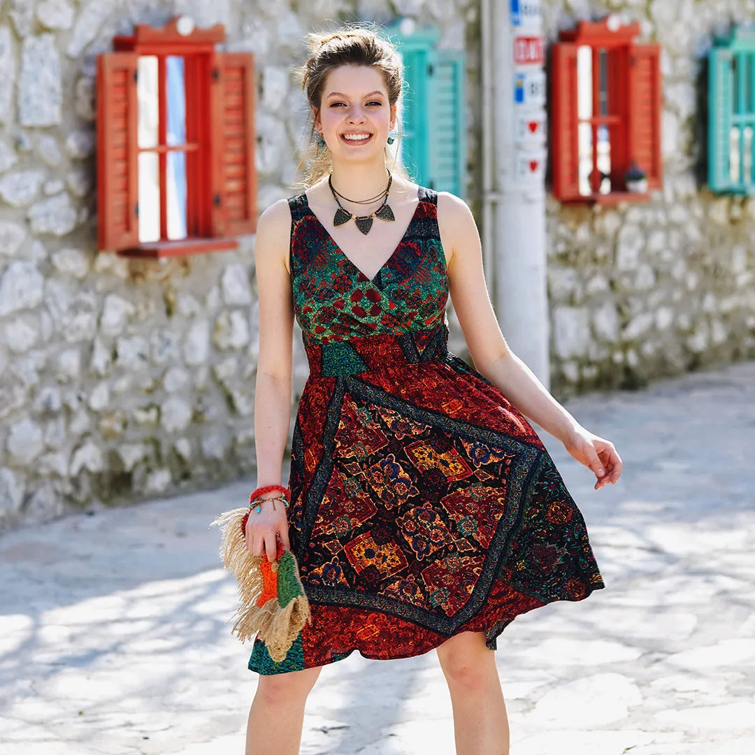 Double Breasted Neck Line Shirred Waist Bohemian Sundress