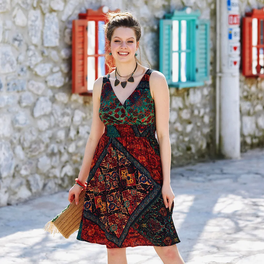 Double Breasted Neck Line Shirred Waist Bohemian Sundress