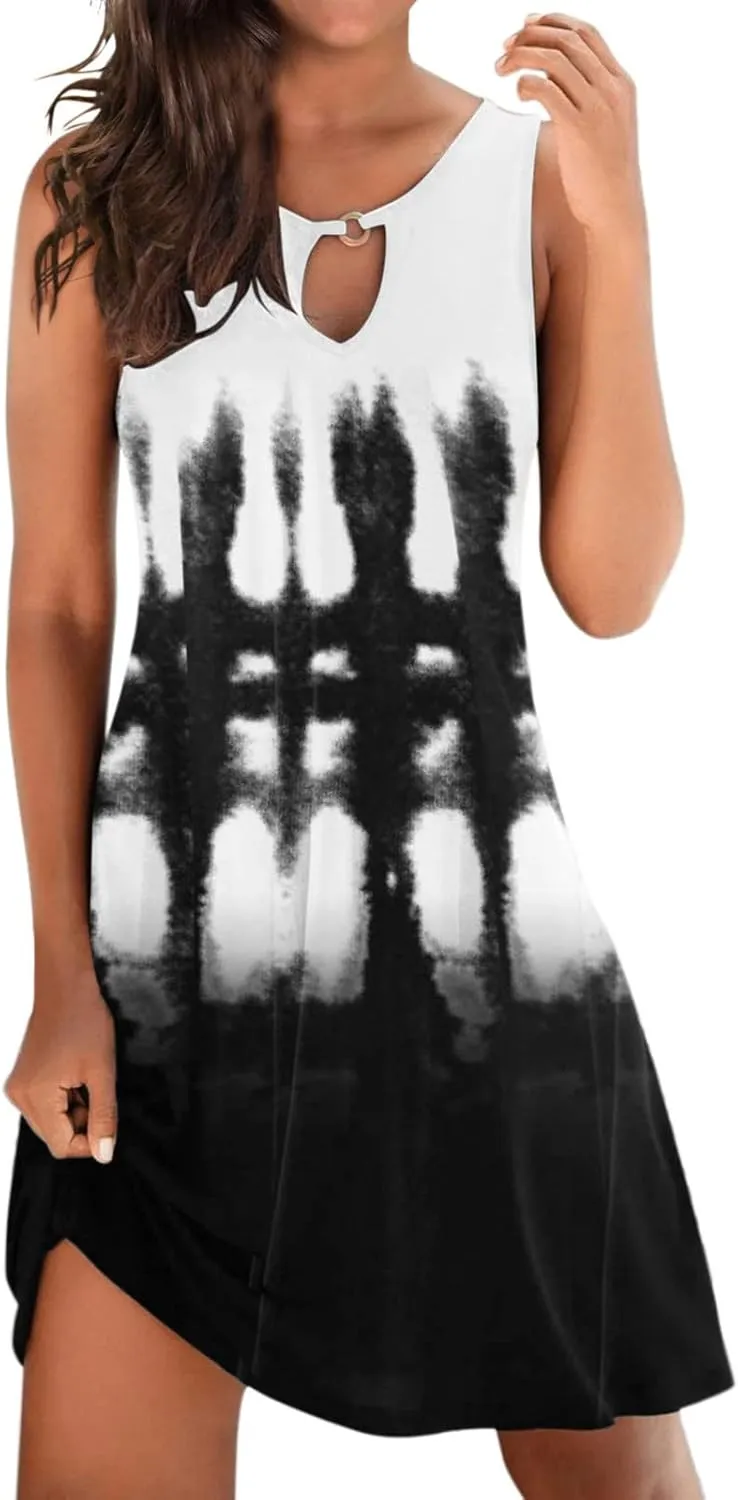 Dresses for Women 2024 Casual Short Sundress Printed Crewneck Sleeveless Tank Dress A Line Sun Dress Summer Dresses
