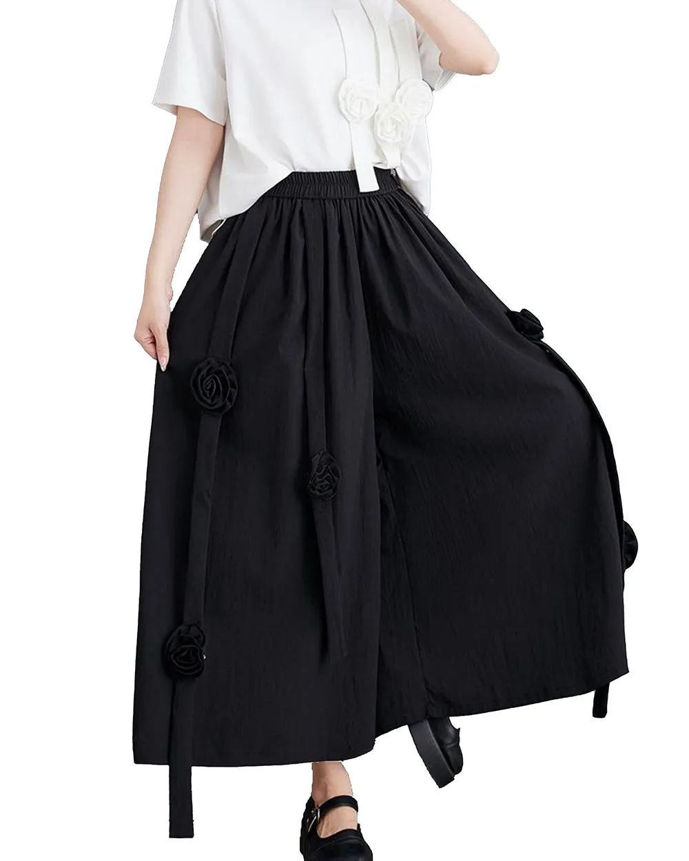 ellazhu Women's Puffy Drawstring Elastic Waist Wide Leg Rose Harem Pants GZ176