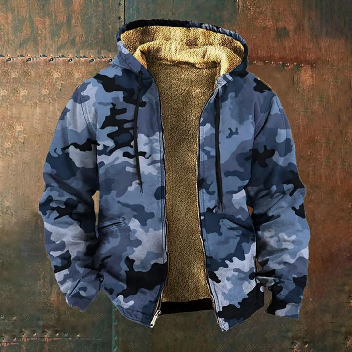evzosrz Men's Fleece Hoodie Jacket Thick Coat, Insulated Winter Camouflage Jackets Sherpa Lined Sweatshirt Full Zip up Coats