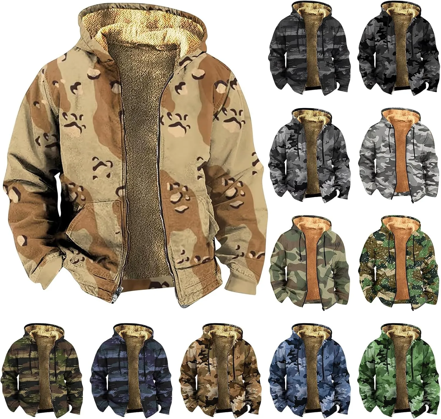 evzosrz Men's Fleece Hoodie Jacket Thick Coat, Insulated Winter Camouflage Jackets Sherpa Lined Sweatshirt Full Zip up Coats