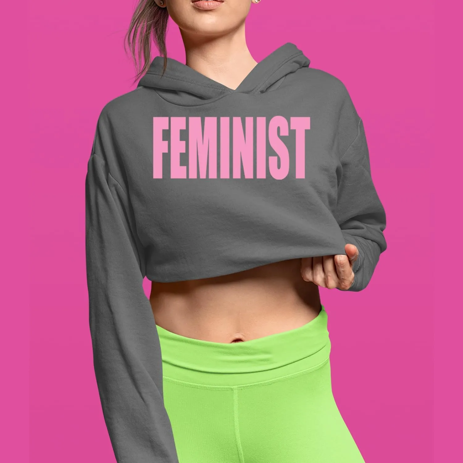 Feminist (Pink Print) Cropped Fleece Hoodie, Soft & Cozy, Trendy Fit