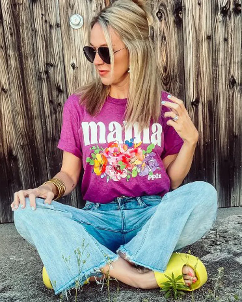 Floral Mama Watercolor Tee in Raspberry by Prickly Pear TX