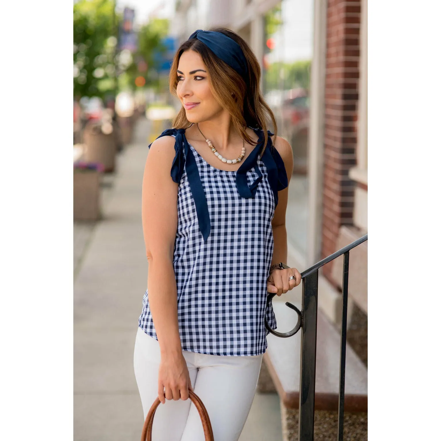 Gingham Tie Accent Tank