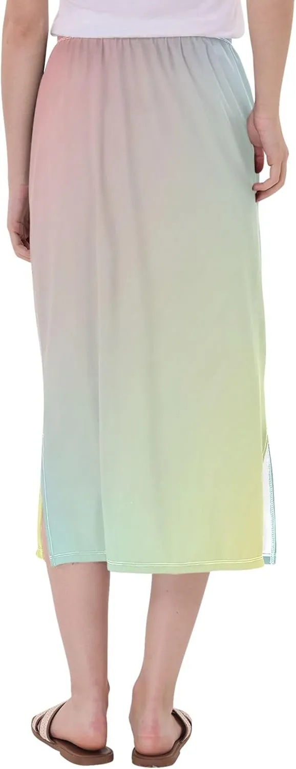 Gradient Blue Yellow Midi Skirts with Slit Women Cute Straight Fit Skirts Stretchy High Waist Print Skirt S