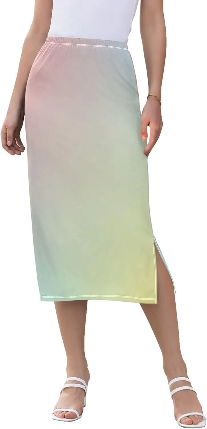 Gradient Blue Yellow Midi Skirts with Slit Women Cute Straight Fit Skirts Stretchy High Waist Print Skirt S