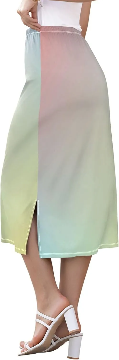Gradient Blue Yellow Midi Skirts with Slit Women Cute Straight Fit Skirts Stretchy High Waist Print Skirt S