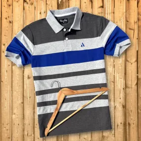 Grey Collar Polo T-Shirt Intense Grey with Blue 3 Stripes