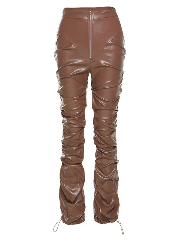 Imitation Leather Trousers High Waist-pack Feet Pants