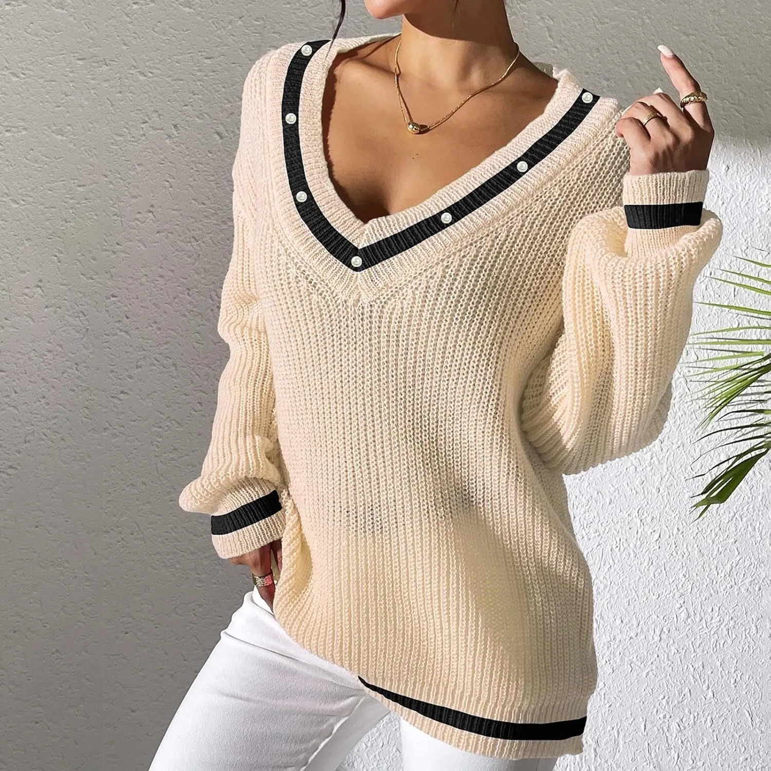 Lastesso Fall Sweaters for Women 2024 V Neck Breathable Oversized Long Sleeve Cable Knit Tops Casual Preppy Trendy Clothes