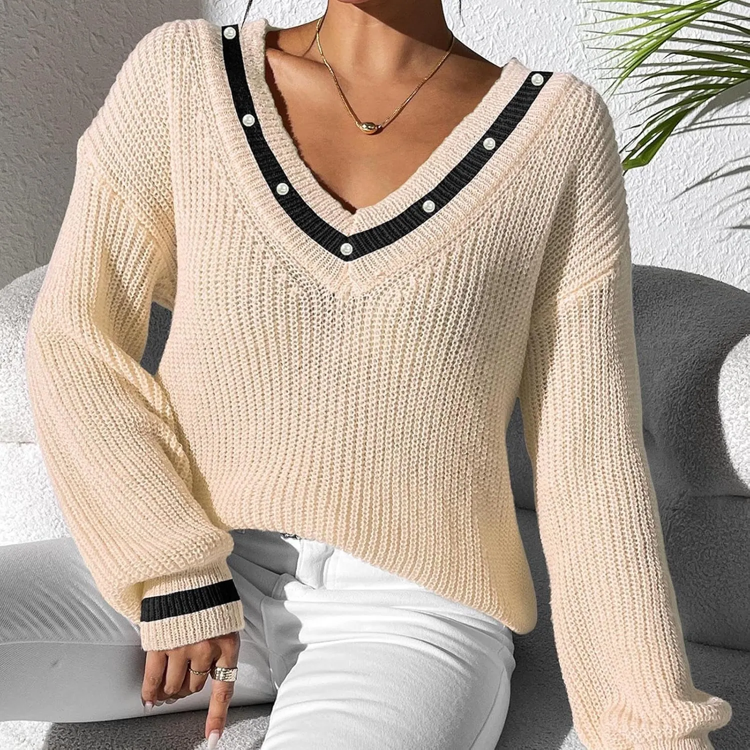 Lastesso Fall Sweaters for Women 2024 V Neck Breathable Oversized Long Sleeve Cable Knit Tops Casual Preppy Trendy Clothes
