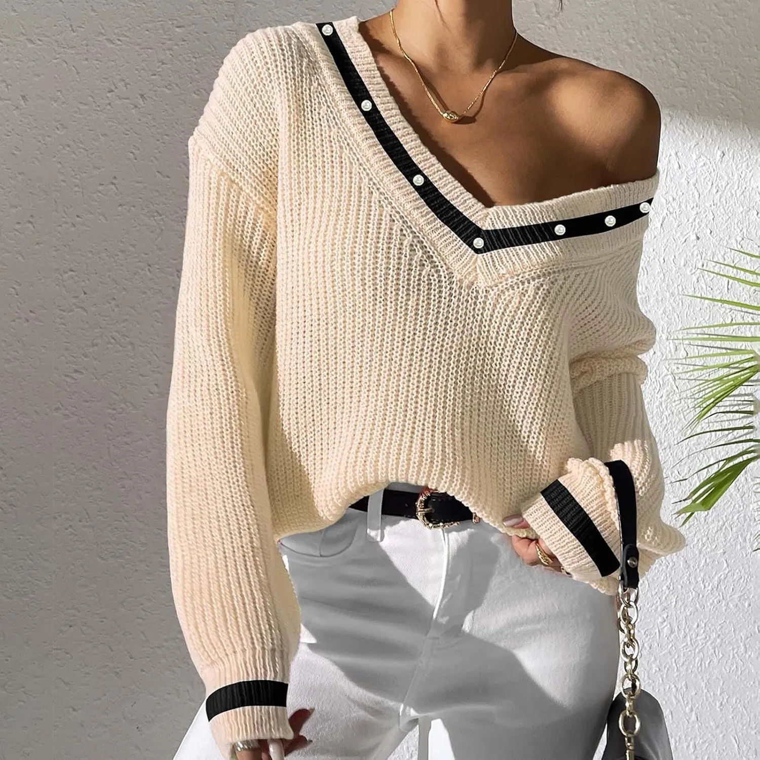 Lastesso Fall Sweaters for Women 2024 V Neck Breathable Oversized Long Sleeve Cable Knit Tops Casual Preppy Trendy Clothes